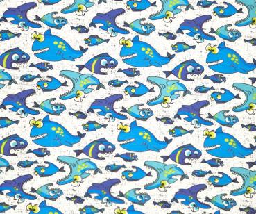 60 cm Reststück Baumwoll Jersey gefräßige Fische in Blau auf Weiß